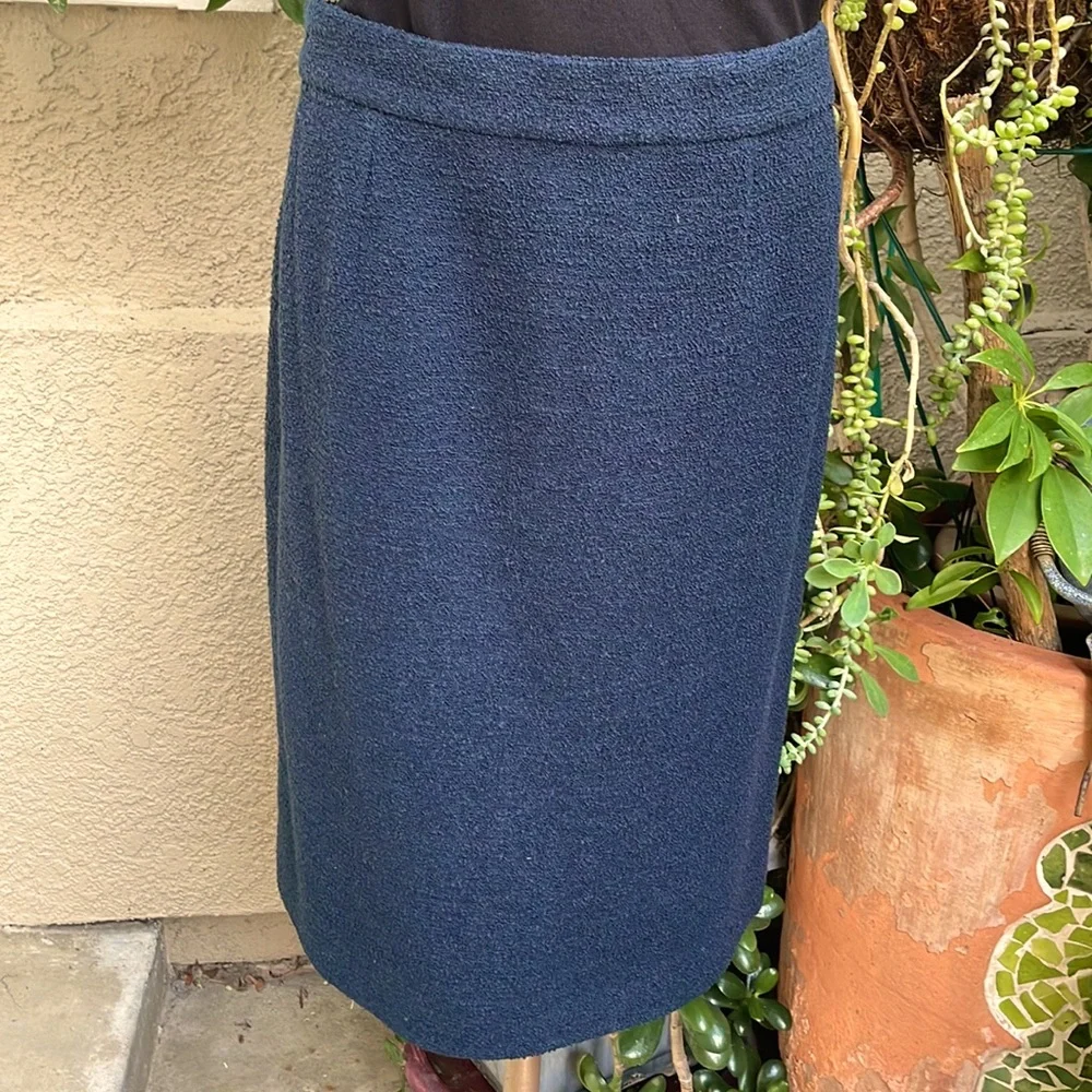 Vintage navy blue Chanel wool pencil skirt with original Chanel hanger